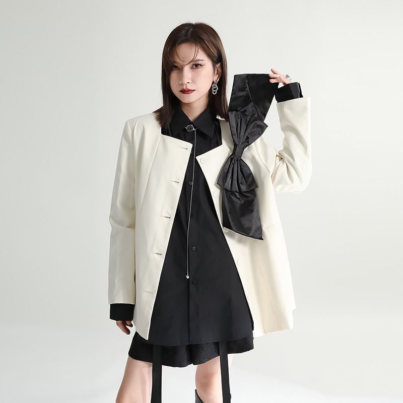 サブカル 服 地雷系 通販 モード服 中創日韓 ジャケット 長袖 スクエアネック リボン 無地 モード系