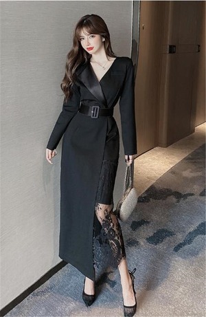 ★送料無料★L(11号)★片側レース裾スリット入りワンピ－ス(OPN2222)