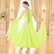 社交ダンス 衣装 HIROKO YAMAGUCHI ヒロコヤマグチ ドレス ワンピース スタンダード グリーン系 イエロー系 蛍光 黄色 黄緑 無地 フリル フロート レース ダンス パーティ 発表会 デモ 競技 ステージ コンテスト