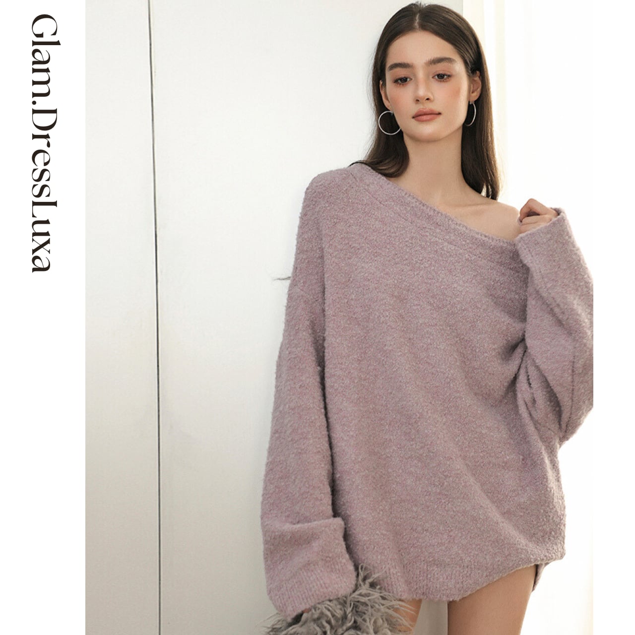 シャギーウール オフショルルーズニット/3color_T1054