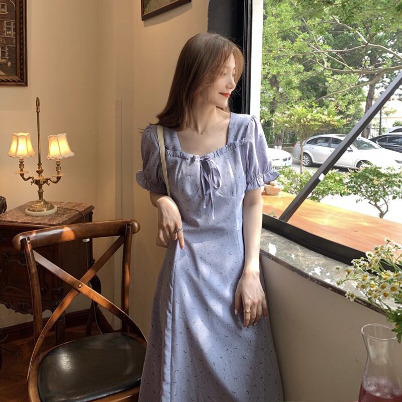 スリーブドレス サマーロングフローラルシフォンスカート レース 大人ガーリー スウィート キュート カジュアル 夏物 花柄 レースアップ スーパーモール42978377016