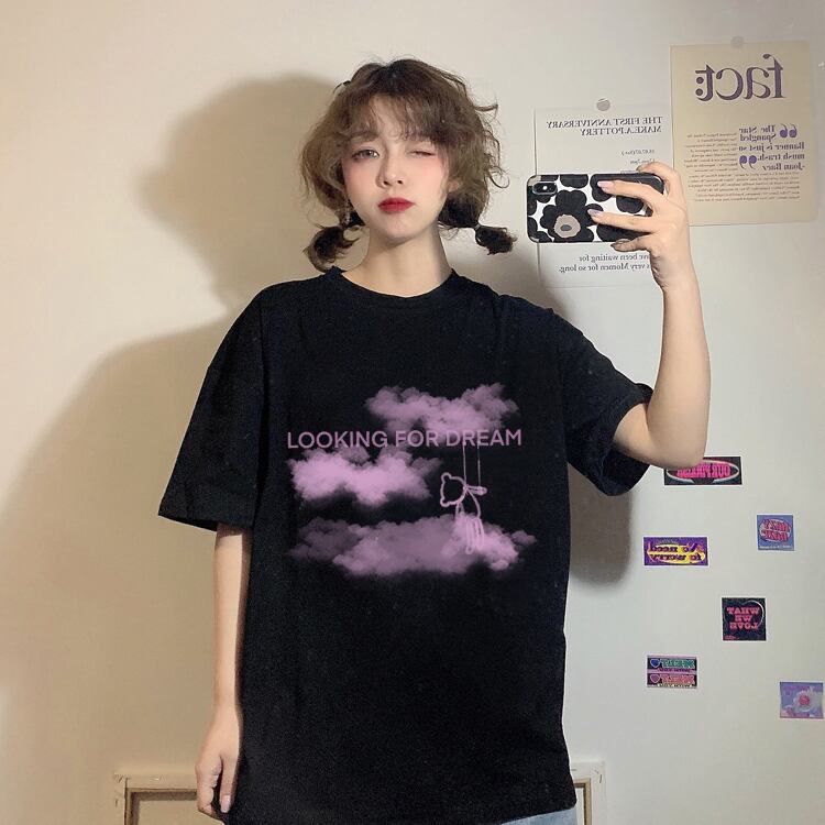 ブラックTシャツ サマーレッドスタイルルーズトップス かわいい 夏物 YY-ファッション36587857969
