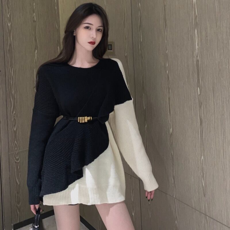 セーター スカート ニットオータムウィンタープルオーバー ルーズジャケット 秋物 冬物 ブラックストロベリース39346309386