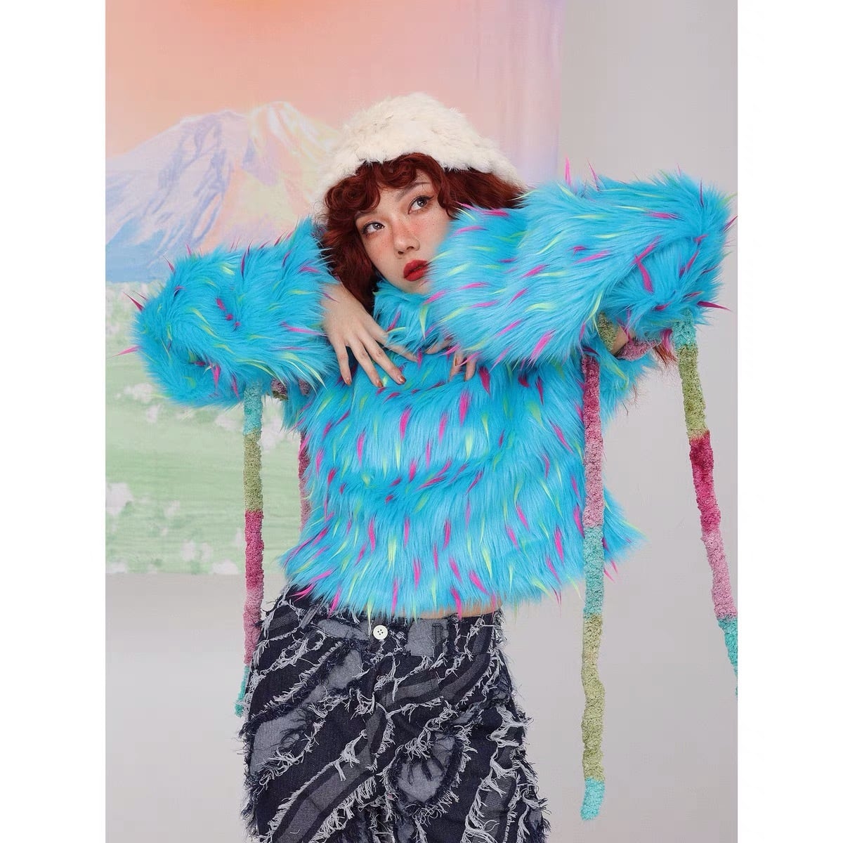 コート トレーナー スウェット ファー アームウォーマー 蛍光 水色