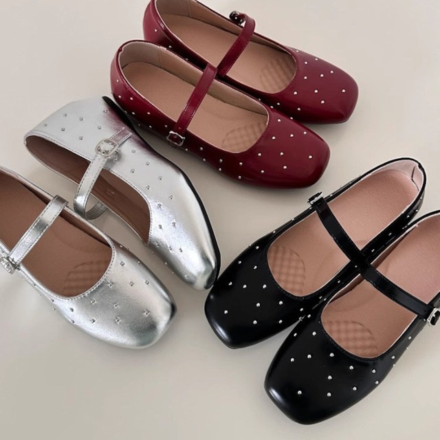 studded square-toe flat shoes　J00483