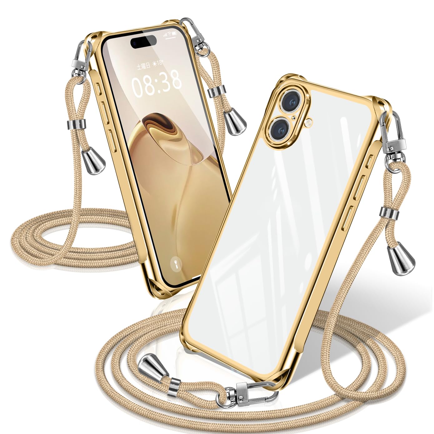 XIOYATY iPhone 17 対応 ケース クリア ショルダー メッキ調縁 ストラップ付き 紐付き 肩掛 四隅クッション カメラ保護