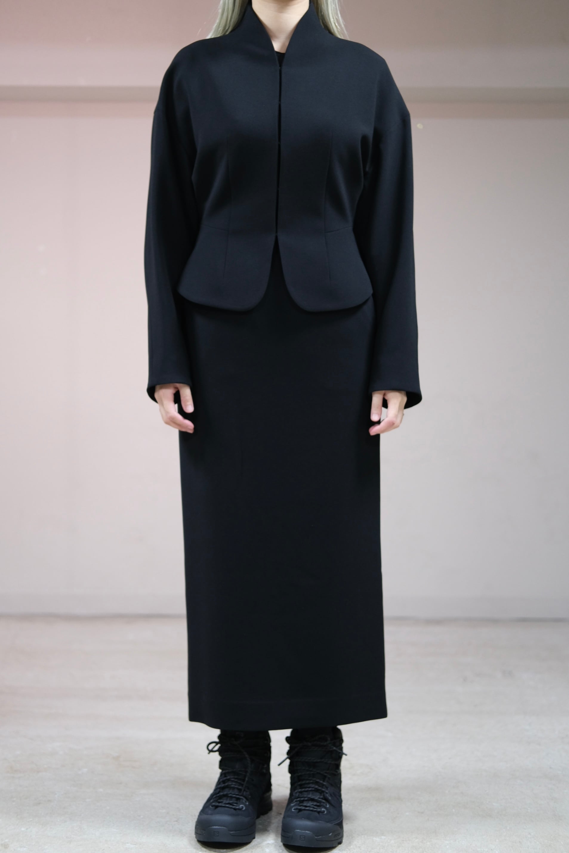 Mame Kurogouchi】Acetate Polyester Collarless Short Jacket | loop