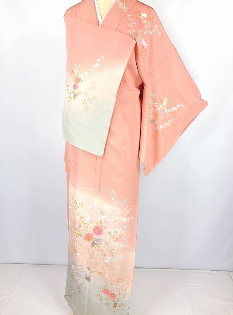 未使用 手描き友禅 牡丹 訪問着 花柄 正絹 桃花色 ピンク 790 | kimono