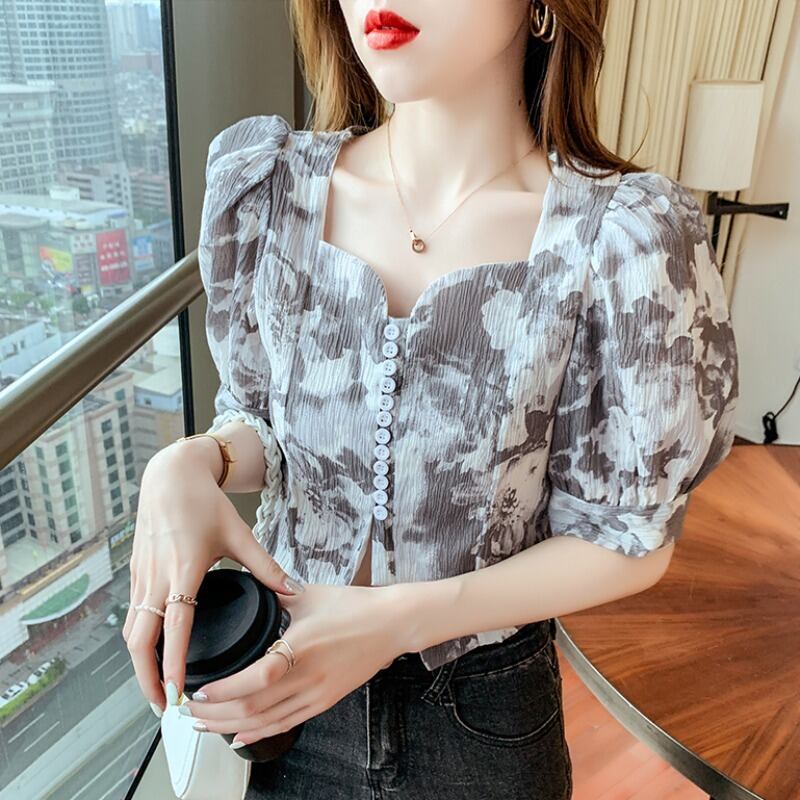 フローラルショートスリーブシャツ スタンダードスリムブラウス レディース レトロ 花柄 スクウェア ハンチェンe52794363348