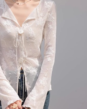 Front Tie Long Sleeve Cropped Shirt    L0017