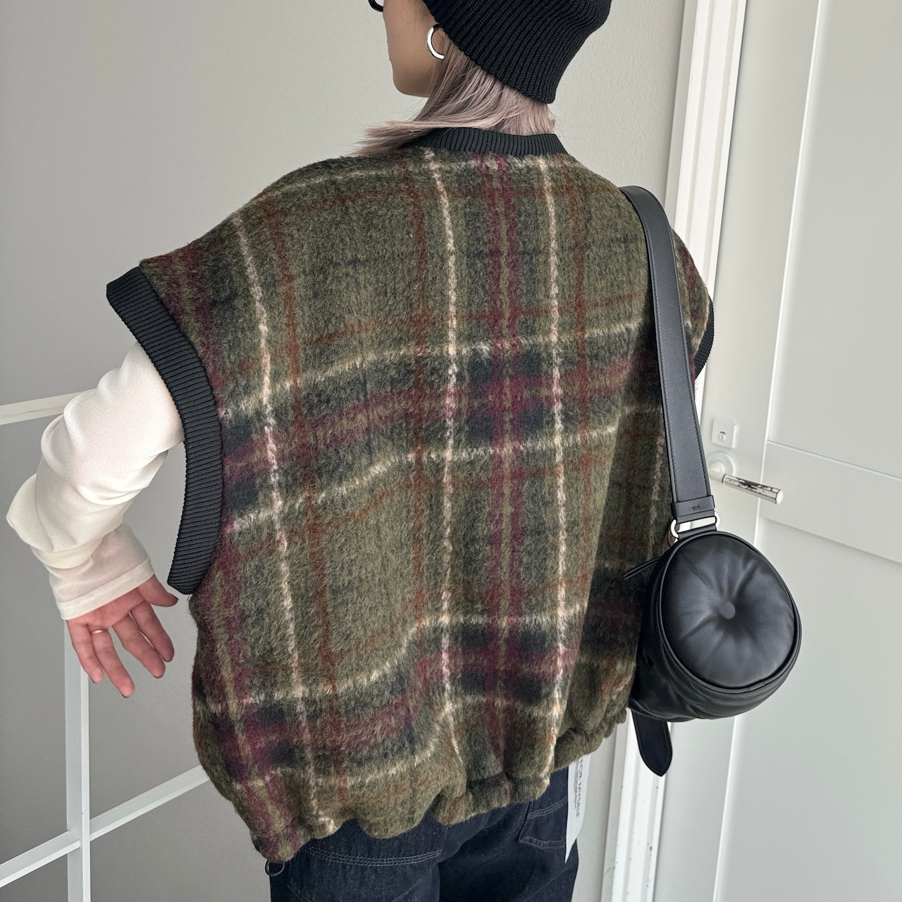 モヘアチェックドロストデザインvest/カーキ
