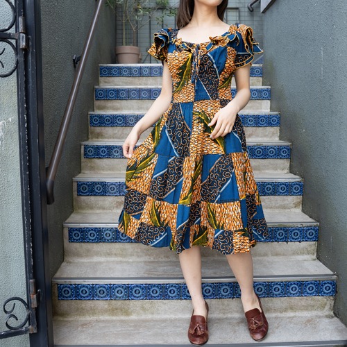 AFRICAN VINTAGE AFRICAN BATIC PATTERNED FRILL DESIGN ONE PIECE/アフリカ古着アフリカンバティック柄フリルデザインワンピース