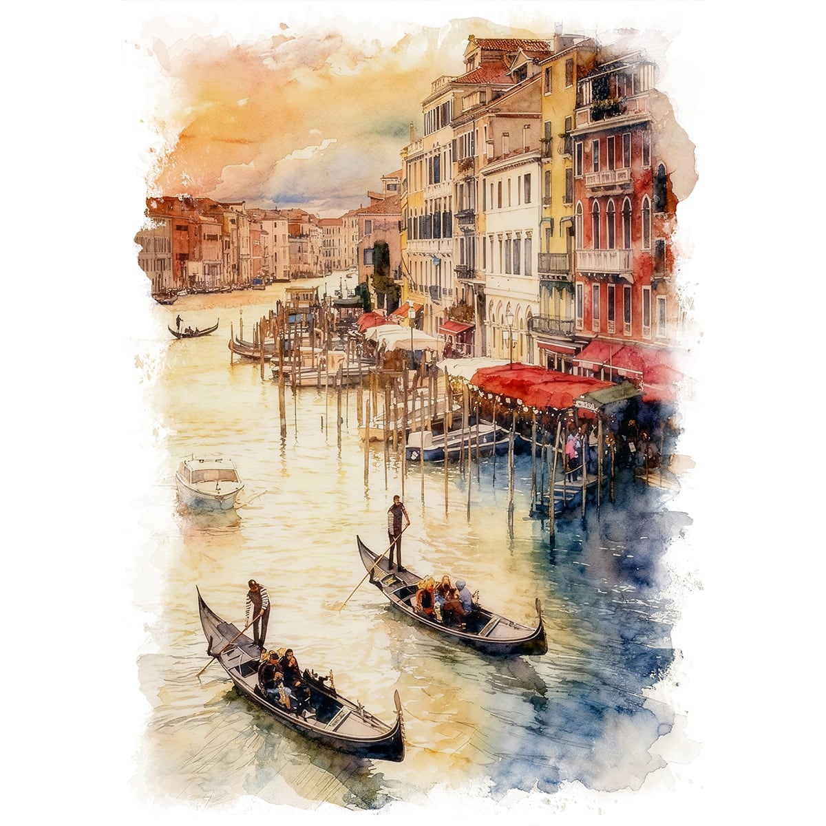 絵画 風景画(街並み) イタリア 夕暮れ時のヴェネツィア インテリアアート額付き 水彩画・油絵調 WAT0517