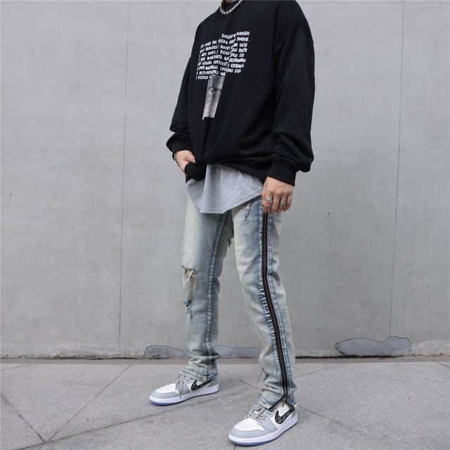 OPENING ACTブラックオーバーダイサイドジップオーバーデニムパンツ OPENING ACT] ブラックオーバーダイサイドジップオーバーデニムパンツ