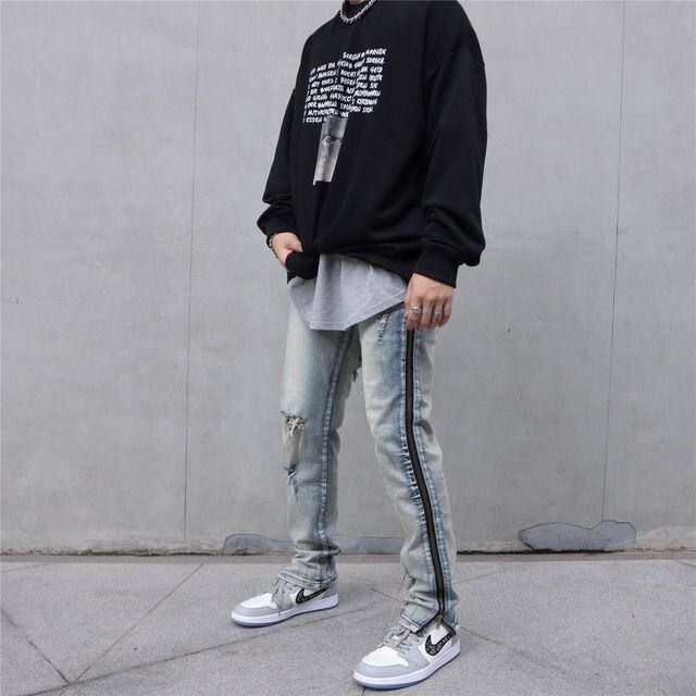 【予約販売】デニム メンズ ストレッチデニム ブルー ダメージ サイドジップ ウォッシュ カジュアル こなれ感 お洒落 韓国 トレンド 春 S/M/L/XL/2XL