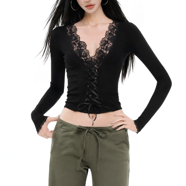 lace-up detail ribbed knit long sleeve top la3064