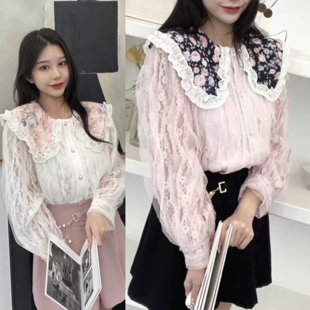 ブラウス ガーリー 可愛い シンプル シャツ シースルー トップス 花柄 フラワー 丸襟 カーディガン レース リボン 姫 お嬢様 エレガント ...