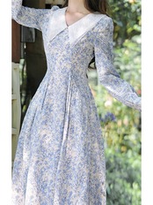 【0130】All-over Blue Small Flower Long Sleeve Dress