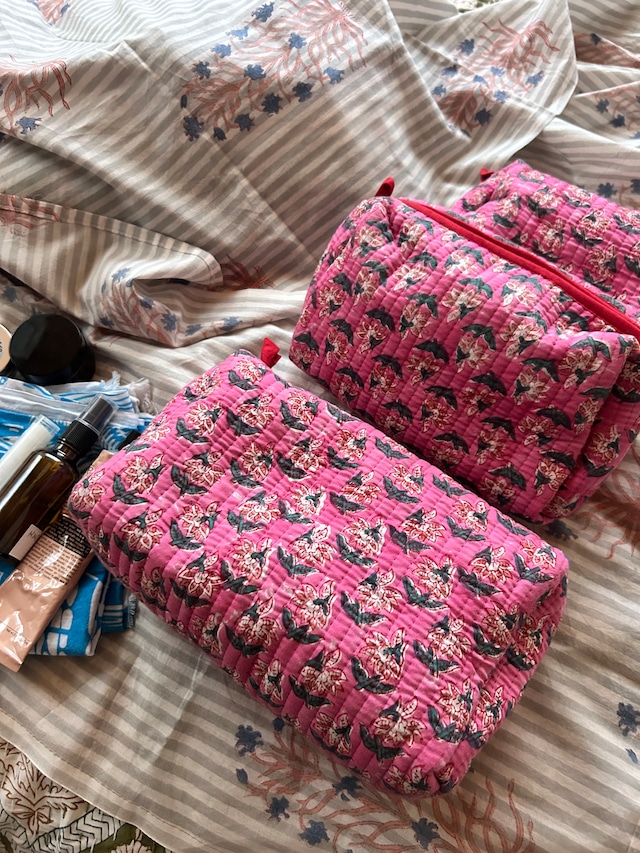 PINK マトリョーシカポーチ　インド直輸入ブロックプリント生地