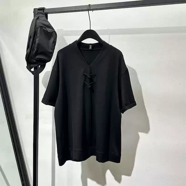 Vネック 紐留め オーバーサイズ 半袖 シャツ 1color MTO0606