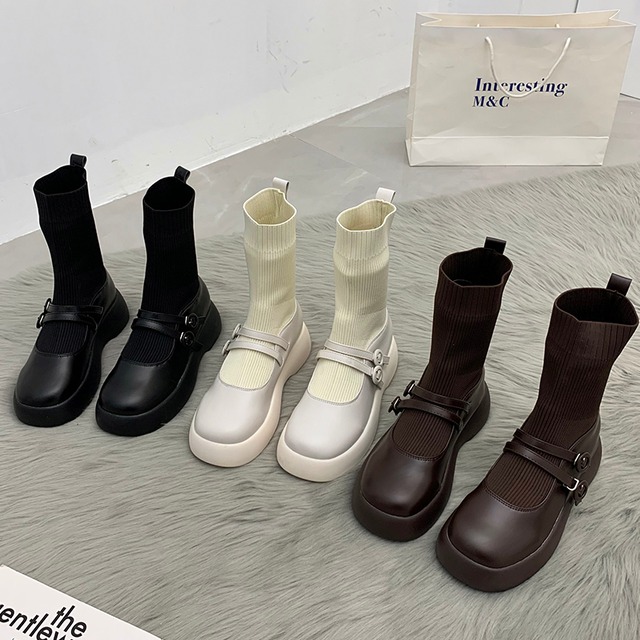 ブーツスプリングオータムレザーレッドショートソックス 靴 シューズ 春物 秋物 ラウンドトー タイツ ストッキング 部族の婦人靴66140182518