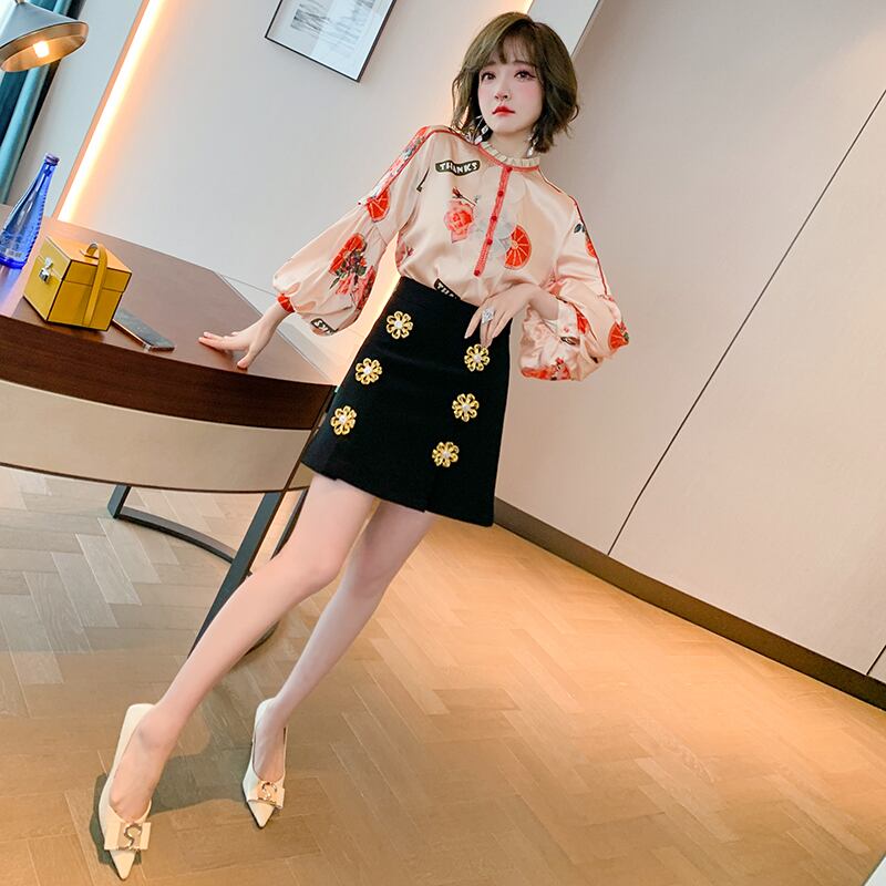 プリントスタンドカラーカラースリーブシャツ Flowerデザイン スカート スプリング ランタンスリーブ 春物 フラワーデザイン MIUCO57553239268