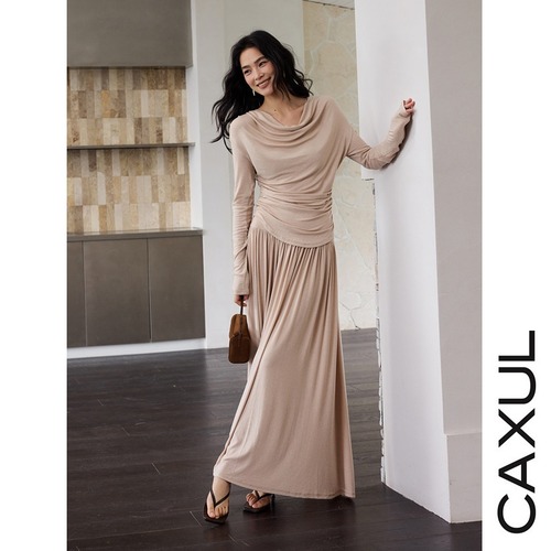 Drape Neck Top & Flare Long Skirt SET-UP / 2color