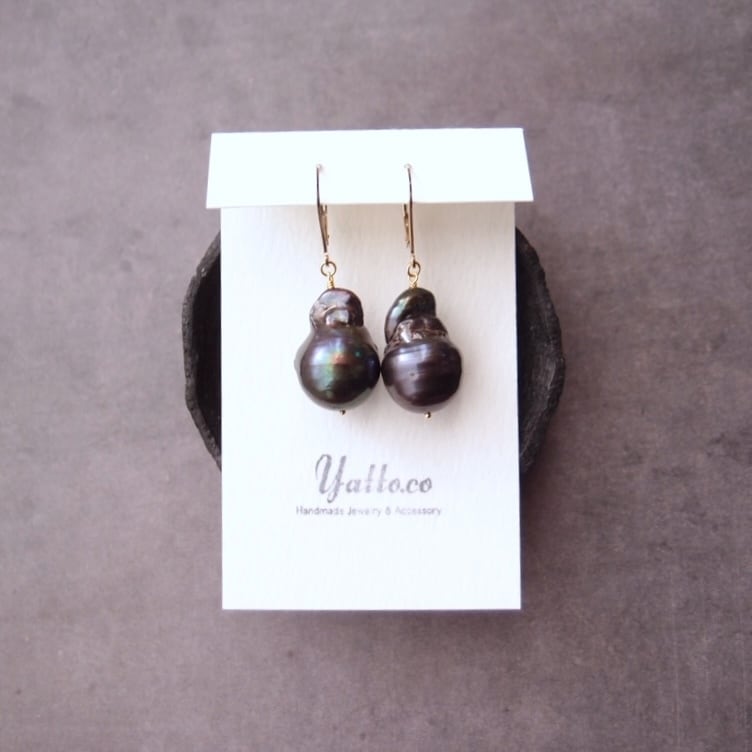 【K14gf】Fishtail Baroque Pearl Earrings/オイスターバロックパール フレンチピアス(Black)