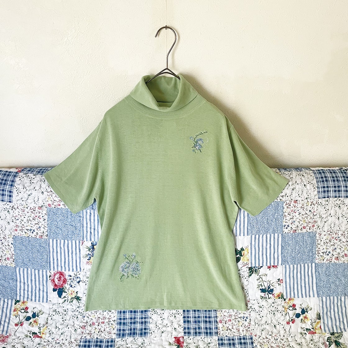 90s ミントグリーン サマーニット クロスステッチ刺繍 レトロ 