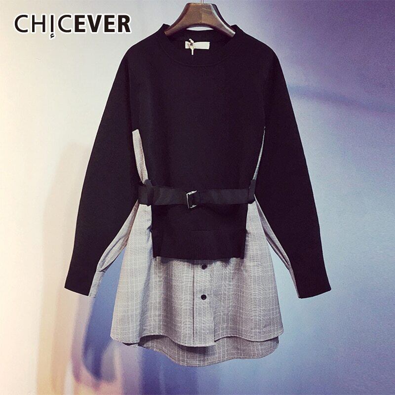 CHICEVERパッチワークシャツセーター女性Oネック長袖サッシ特大編みプルオーバーセーター2020 ロング 6base526455861232