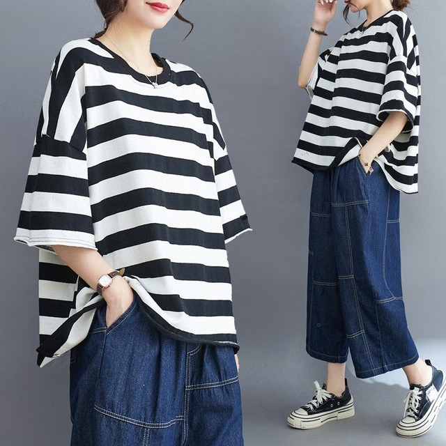 RELAXED STRIPED ROLLED SLEEVE LOOSE T-SHIRT M-17399