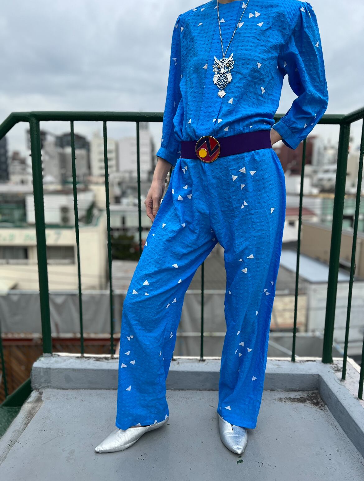 80s blue × white triangle poly jumpsuits ( ヴィンテージ ブルー