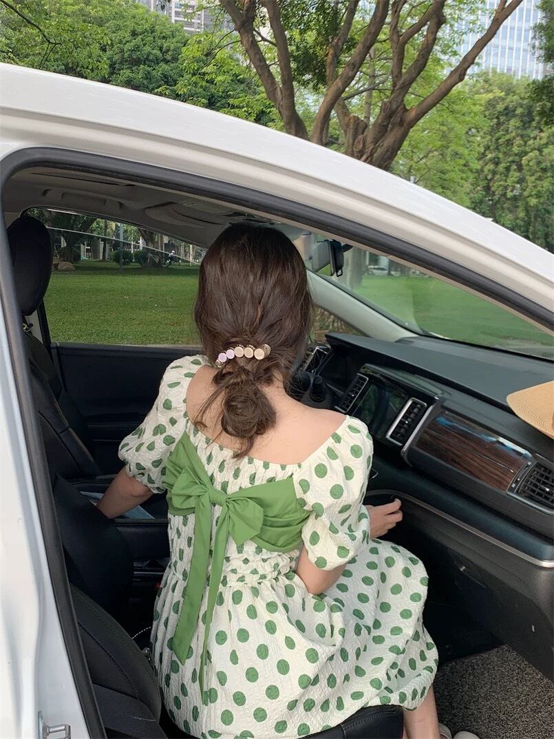 ドット柄 リボン ロング丈ワンピース G104CON0070