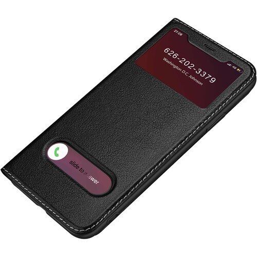 iPhone14 ケース 手帳型 6.1インチ対応 窓付き薄型 本革カバー スタンド機能 ストラップホール付き 耐衝撃 マグネット式 おしゃれ ビズネス スマホケース ブラック 1688