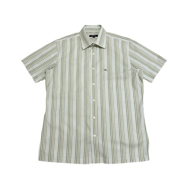 中古 バーバリーロンドン BURBERRY LONDON 半袖シャツ クリーニング済み ストライプ柄 グリーン メンズ Lサイズ