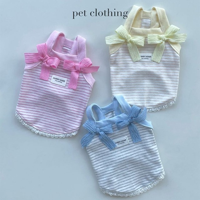 パステルボーダーのショートキャミソール（リボン付）　犬服　00870