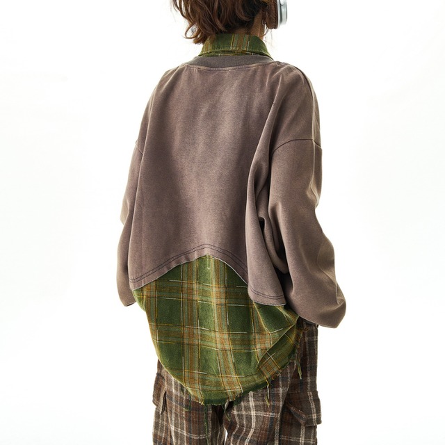 checked faux two-piece sweatshirt　チェック柄フェイクツーピーススウェットシャツ　J1280