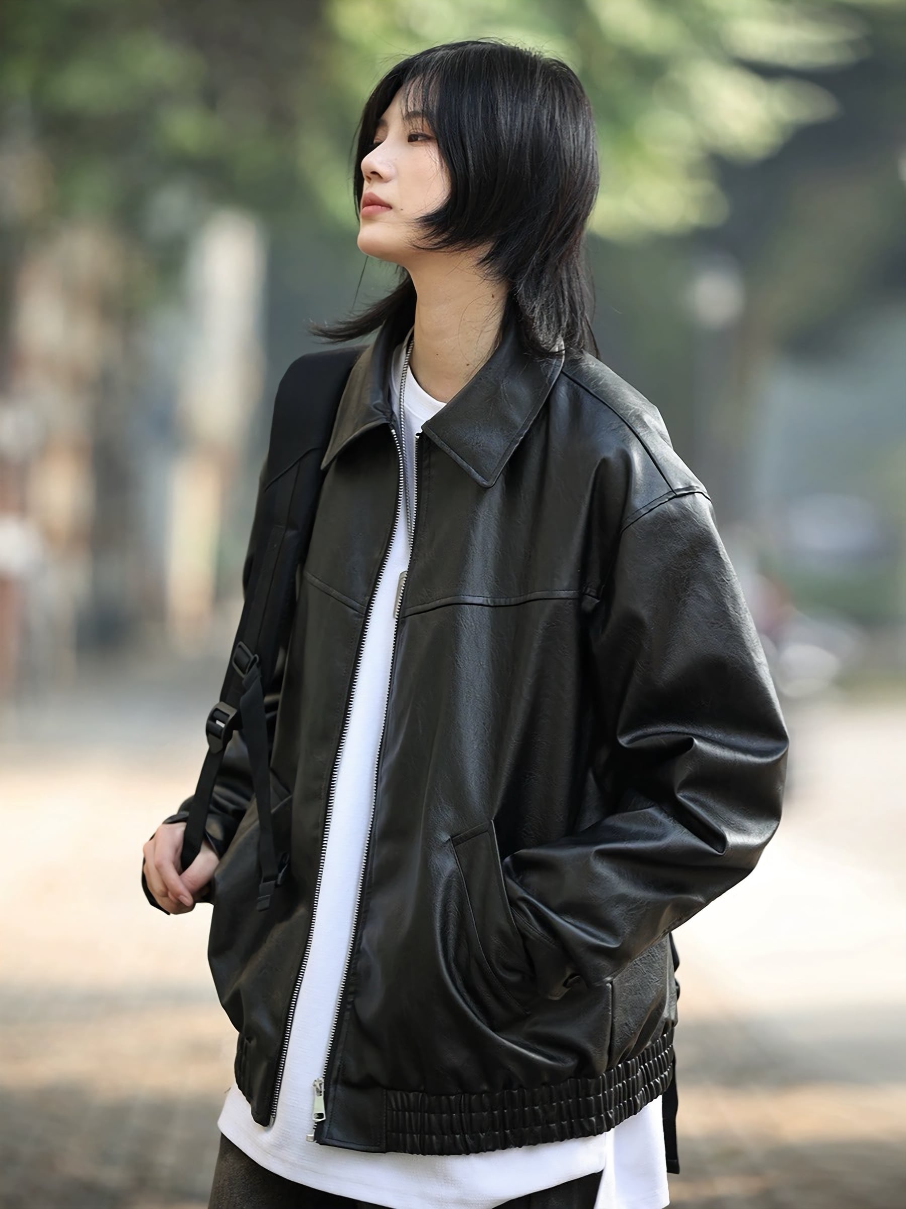 フェイクレザーブルゾンジャケット / Faux Leather Blouson Jacket