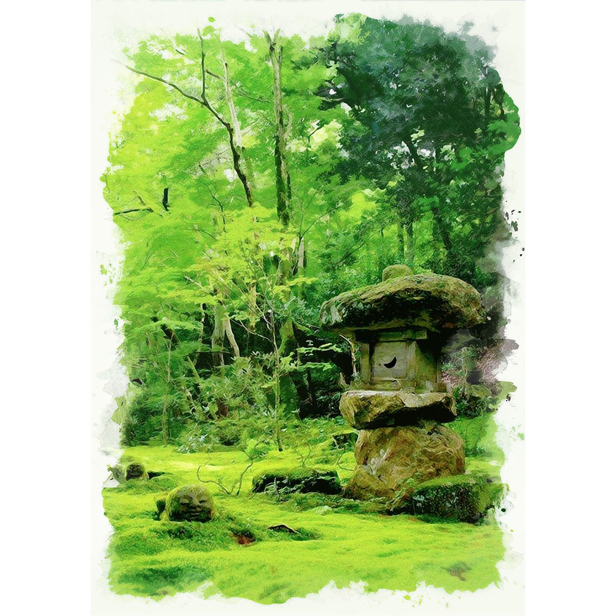 絵画(風景画) 日本 京都 三千院の苔庭 インテリアアート額付き 水彩画 