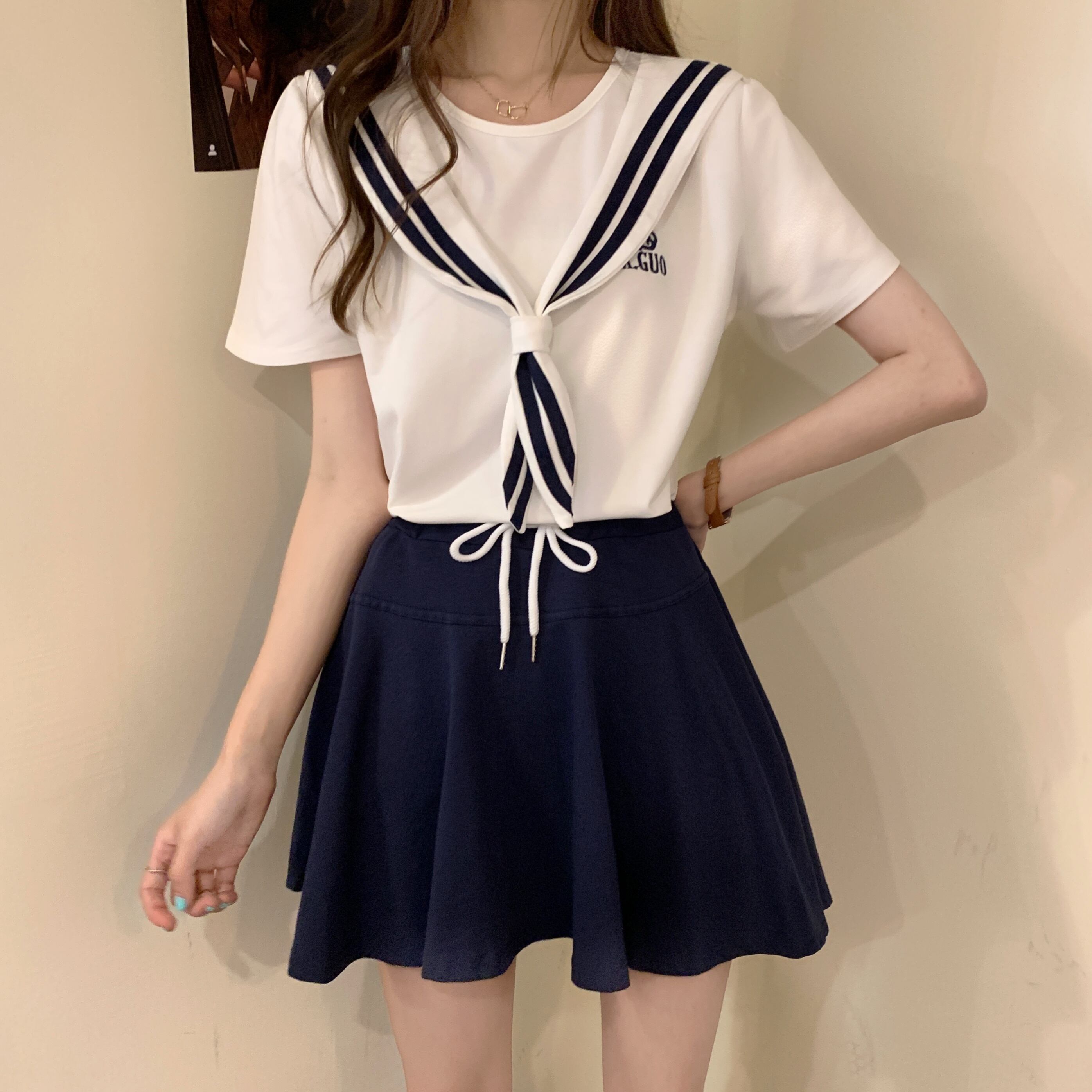 スカート サマールーズネイビーハイウェストウェストプリーツショーツ ストリート 夏物 ブルマー YY-ファッション47811440078