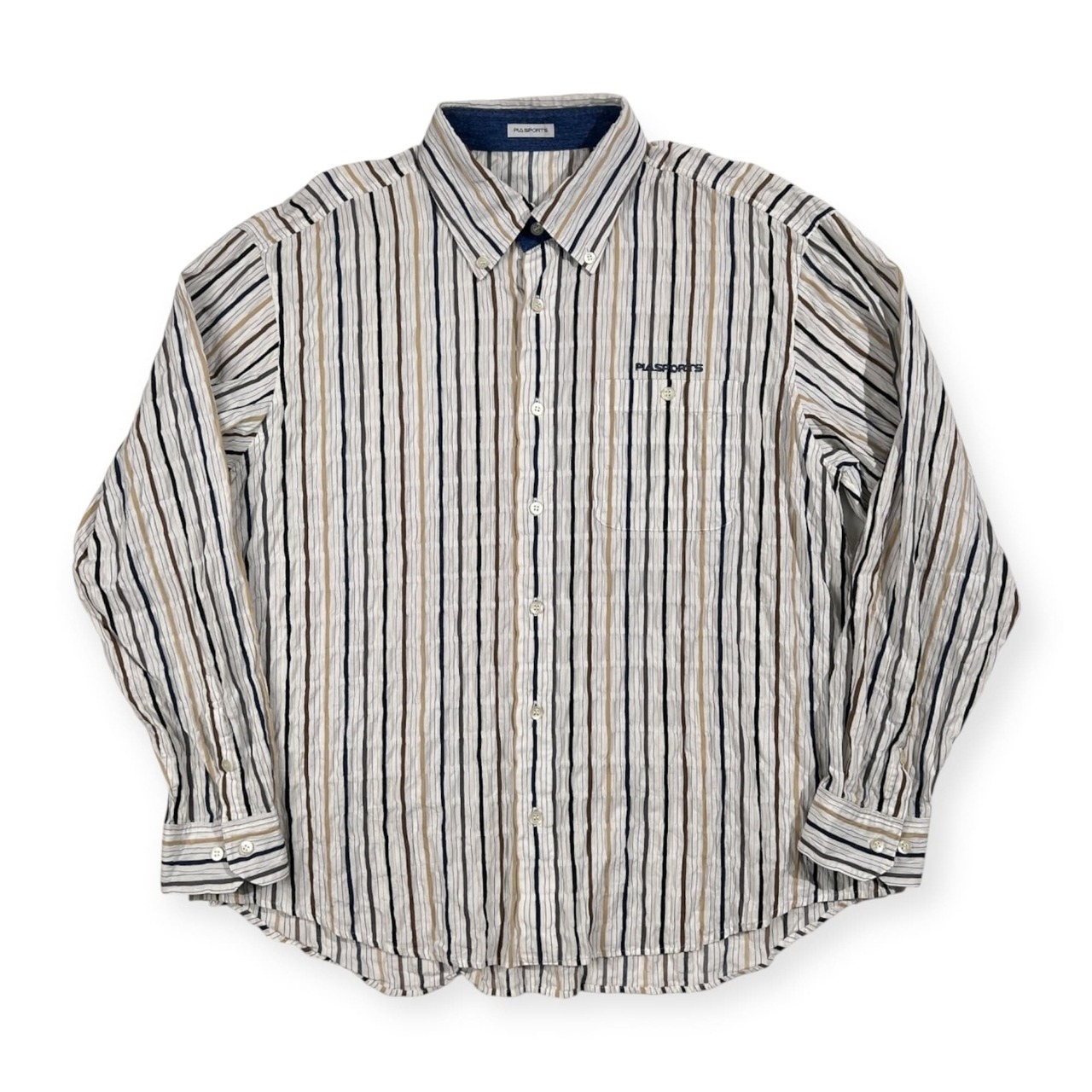 PIA SPORTS ピアスポーツ ストライプ シアサッカー風 BD 長袖シャツ サイズ 5 /ホワイト系/メンズ/ライカ/日本製