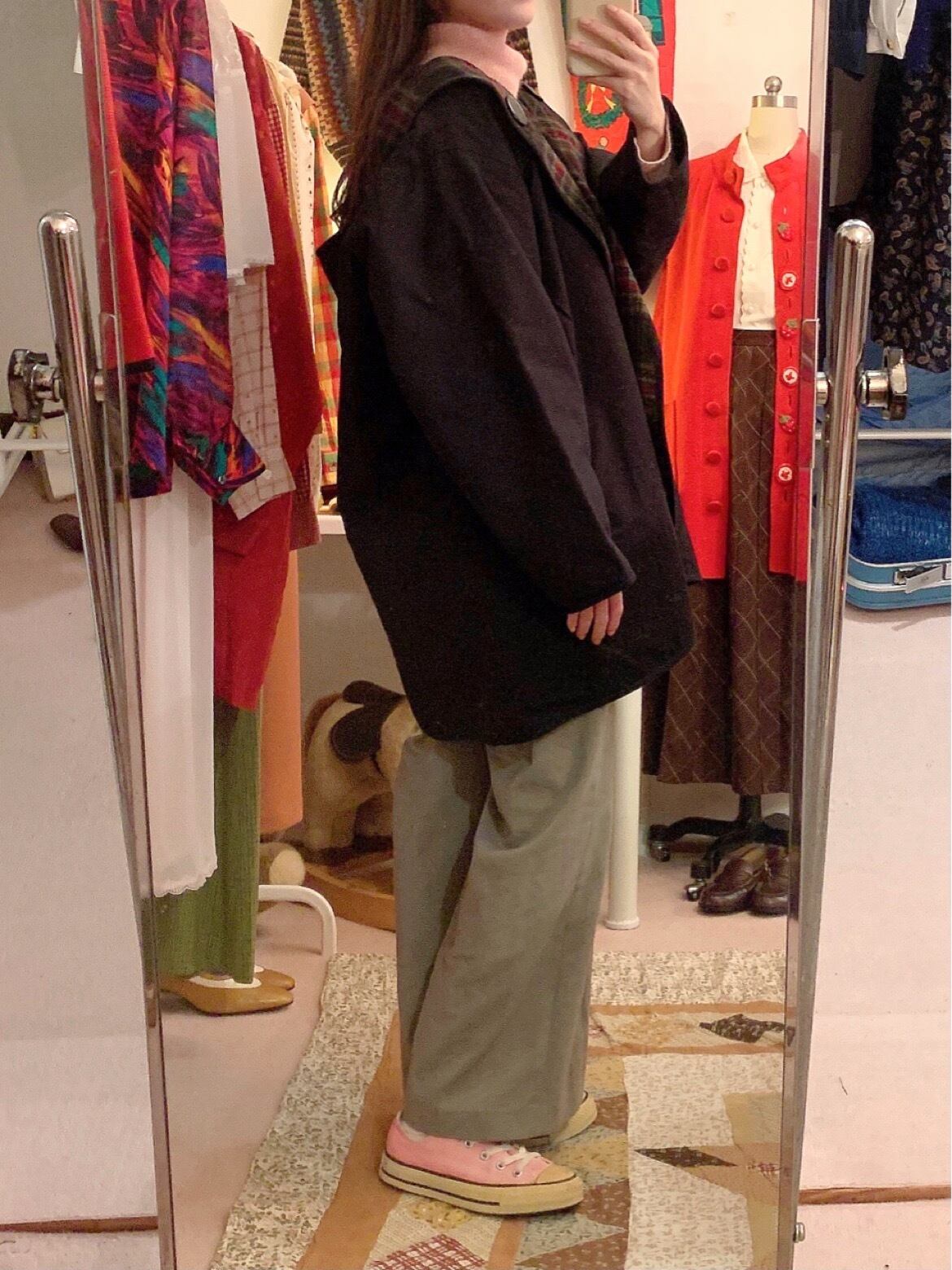 big button check hooded coat