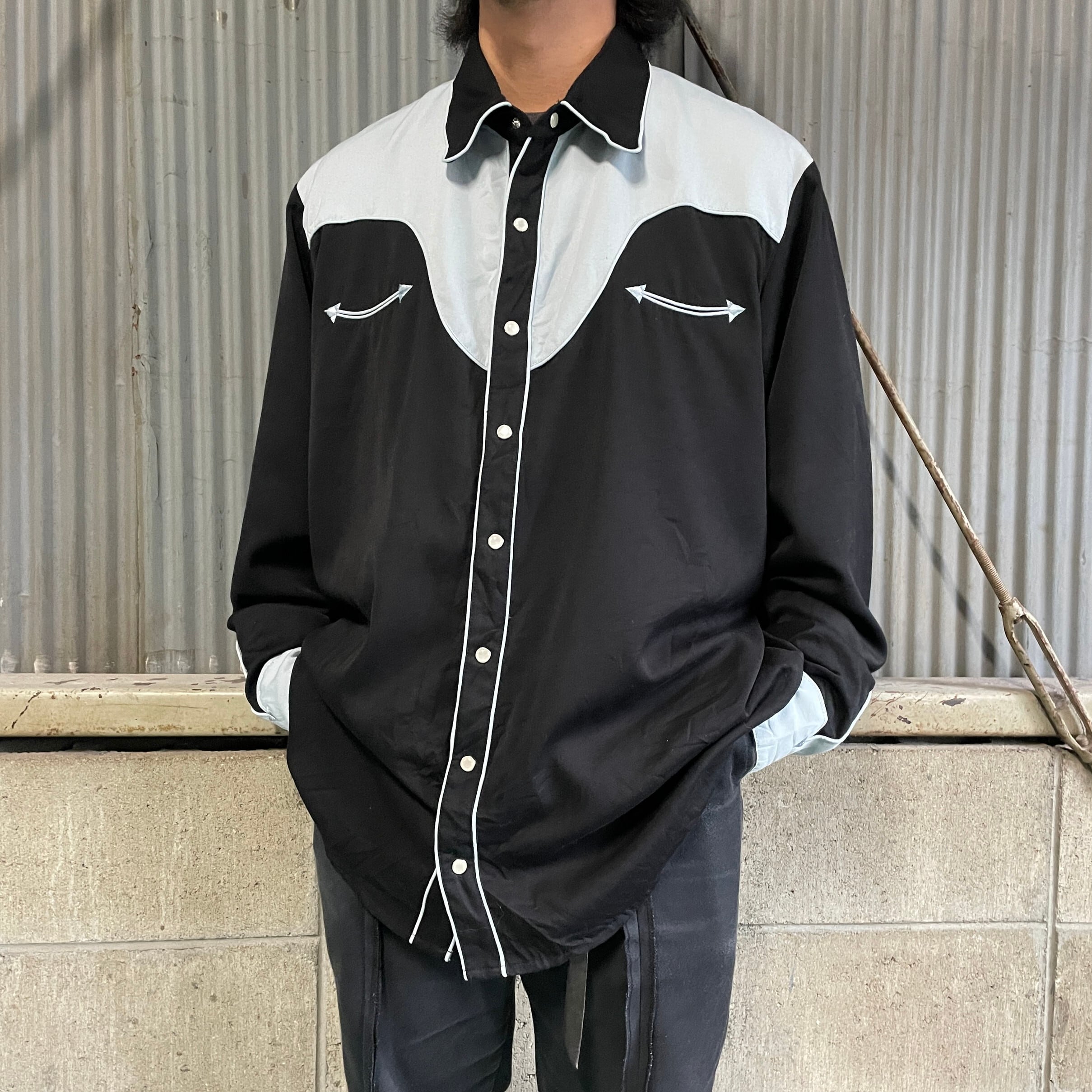 Scully 長袖 レーヨン ウエスタンシャツ メンズXL 古着 水色×ブラック 