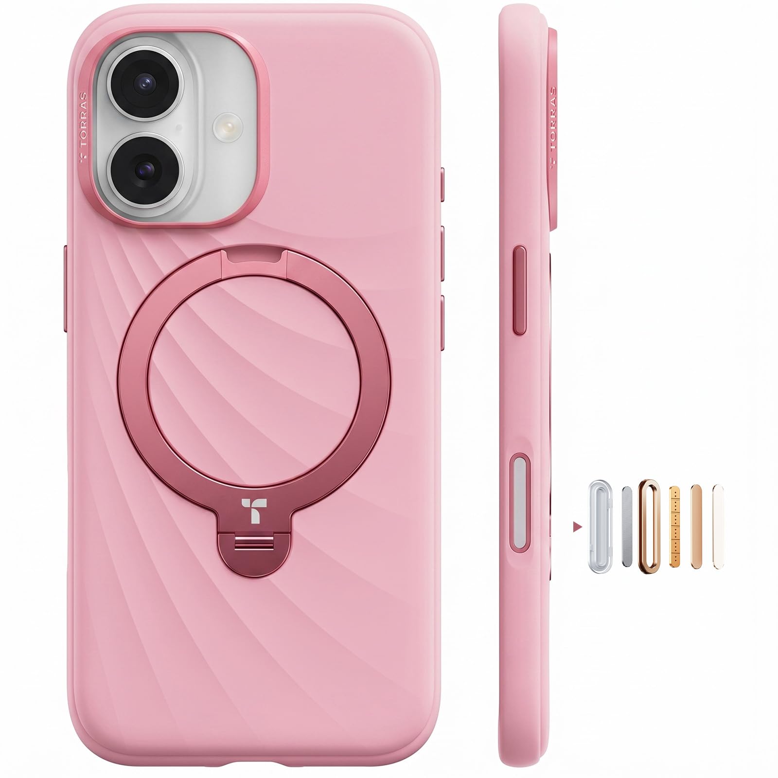 【新型シリコーン・柔らかく快適な手触り】TORRAS iPhone 17 用 ケース シリコン MagSafe対応 リング スタンド 360°定点回転 縦横両対応 マグネット搭載 カメラコントロールボタン 米軍規格 耐衝撃 指紋防止 ピンク
