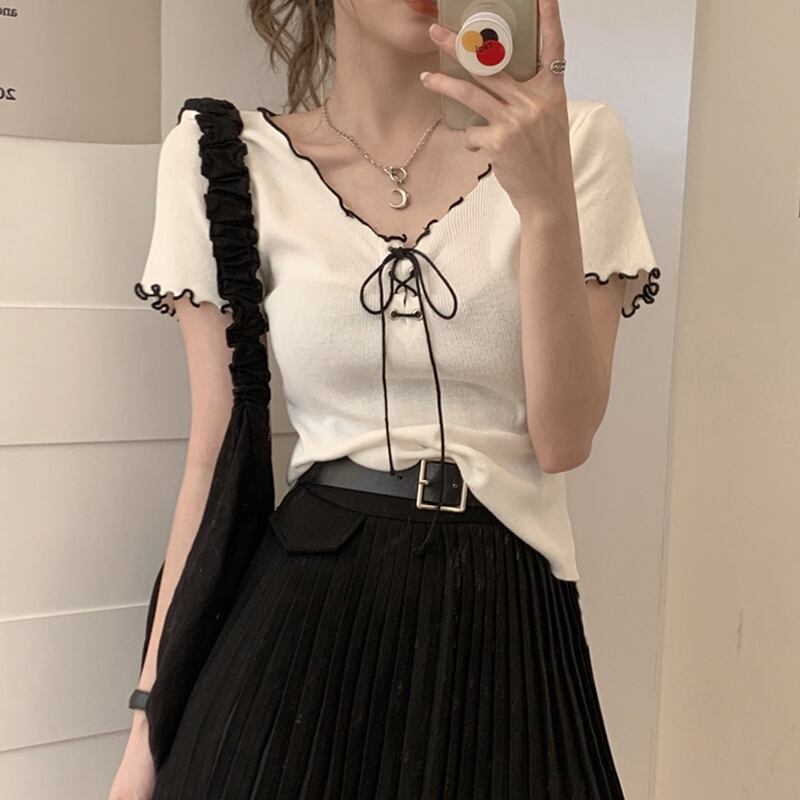 スプリングショートセーター 薄手Vネックプルオーバー トップス レース 春物 レースアップ スーパーモール11617738593