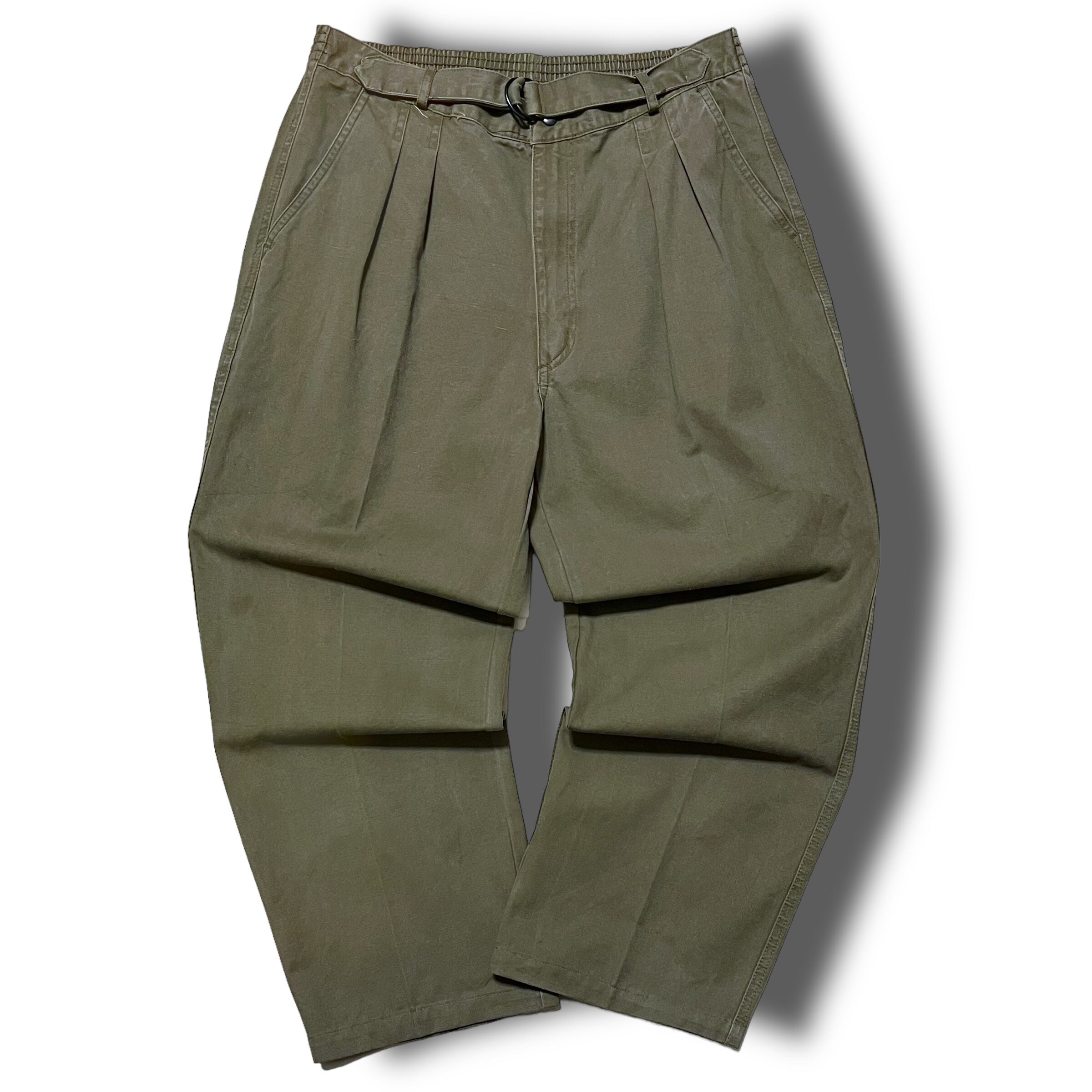 【Vintage】ベルトレスワイドストレートコットントラウザー オリーブ