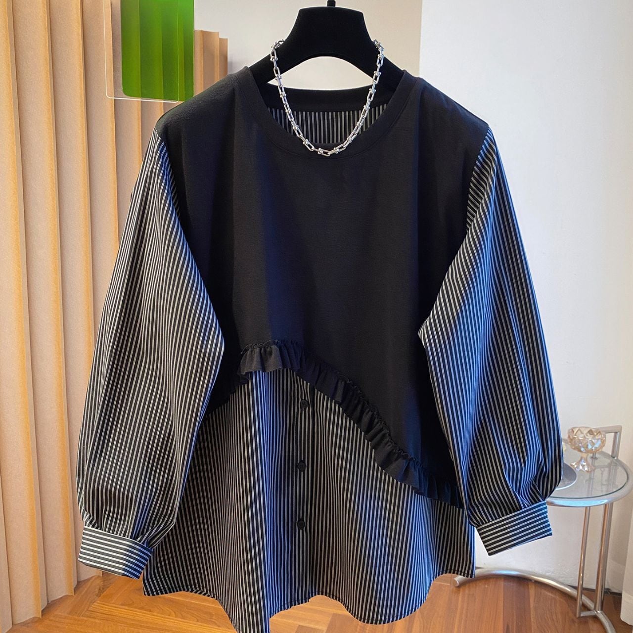 重ね着風 ストライプ切替デザインシャツ Ln00466