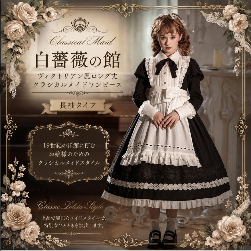 クラシックメイド服 ロング丈 ブラック×ホワイト 2点セット 白薔薇の館 ヴィクトリアン風ロング丈クラシカルメイドワンピ 長袖