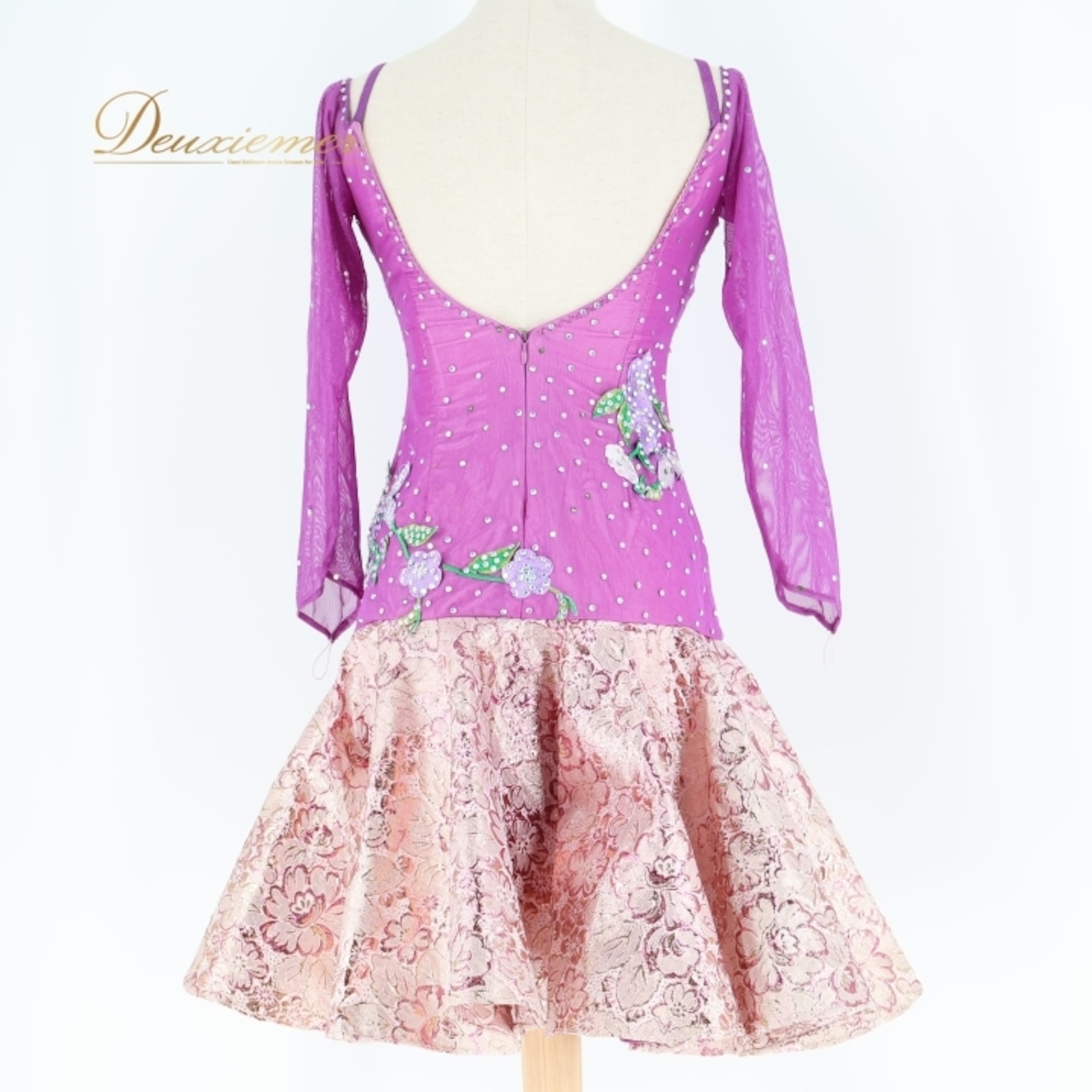 社交ダンス 衣装 ラテン ドレス ワンピース パーティ 発表会 和柄 珍しい 特徴的 花柄 個性的 軽い デモ 競技 ダンス パープル系 ピンク系 フラワープリント ステージパフォーマンス ラテンダンス 発表用