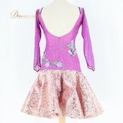 社交ダンス 衣装 ラテン ドレス ワンピース パーティ 発表会 和柄 珍しい 特徴的 花柄 個性的 軽い デモ 競技 ダンス パープル系 ピンク系 フラワープリント ステージパフォーマンス ラテンダンス 発表用